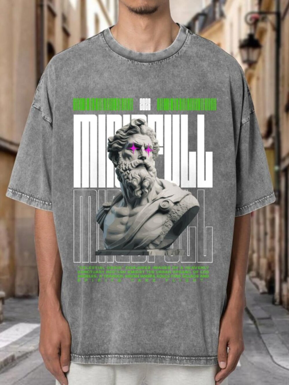 Mindfull Greek Statue Neon Accent Mineral Wash OversizedT-shirt UVDS2UFT9S02
